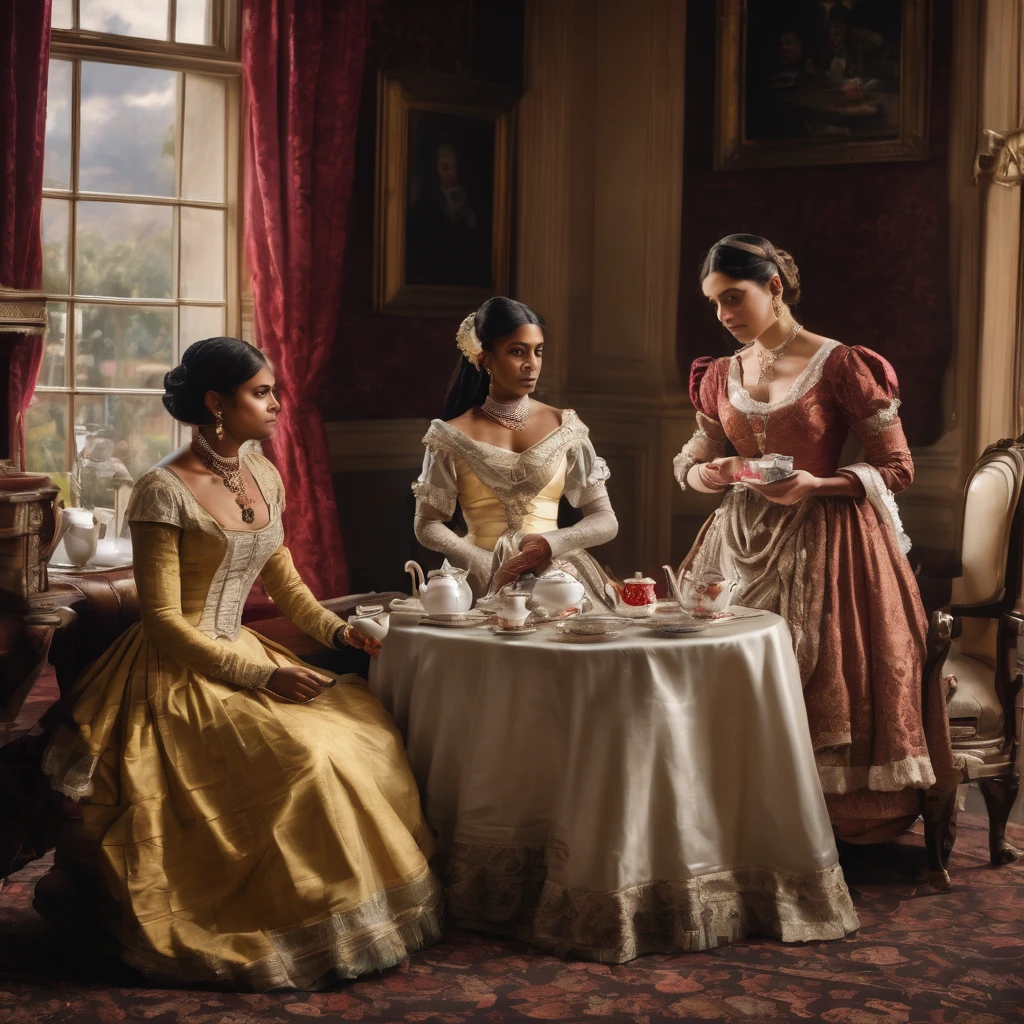 a picture of a british master slave relationship where an indian maid wearing a saree holding a tray of tea cups and serving it to a british victorian woman wearing an elaborate dress who is sitting at a table woman at a tea party. realistic, beautiful, sexy. the maid is standing and the master is sitting