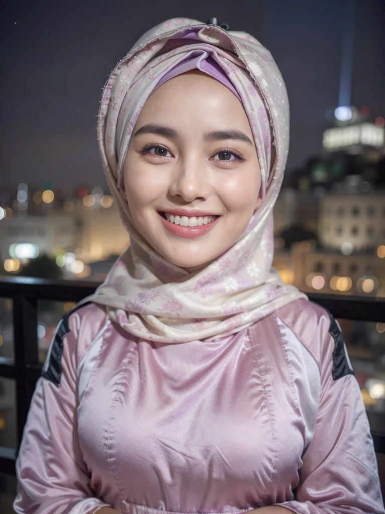 RAW photo of a 24 year old girl wearing hijab, satin abaya sexy violet , satin, hijab face portrait,((Jerusalem background)), 8k uhd, dslr, soft lighting, high quality, film grain, Fujifilm XT3, covered dress, patterned dress, gigantic breasts:1.5, {((Smile widely showing gums))}, ((She has dimples when she smiles)), 