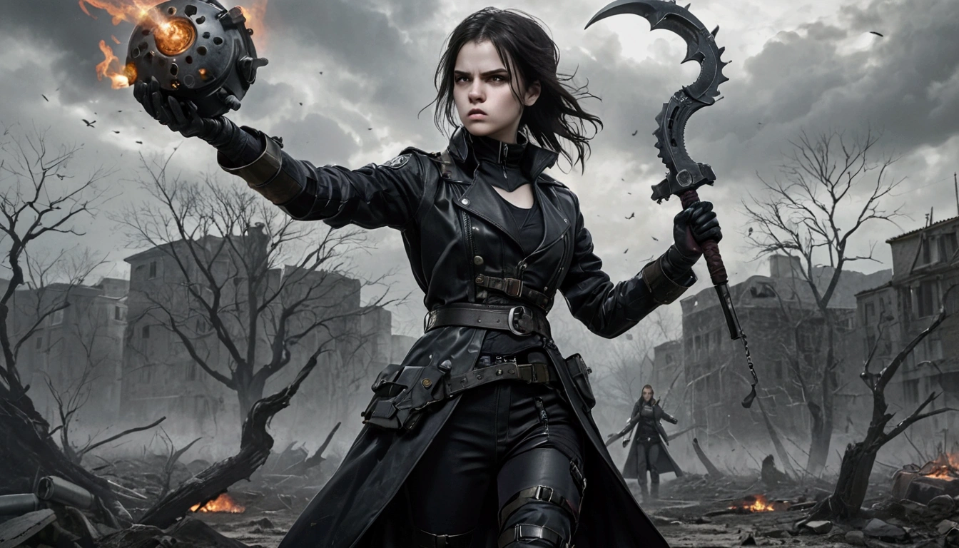 The image portrays a formidable young girl. She has an intense expression and is dressed in a long, black leather coat, exuding a strong, authoritative presence. Her attire includes a utility belt and other tactical gear, suggesting she is prepared for combat. In her right hand, she a grips a menacing, curved weapon with a serrated edge