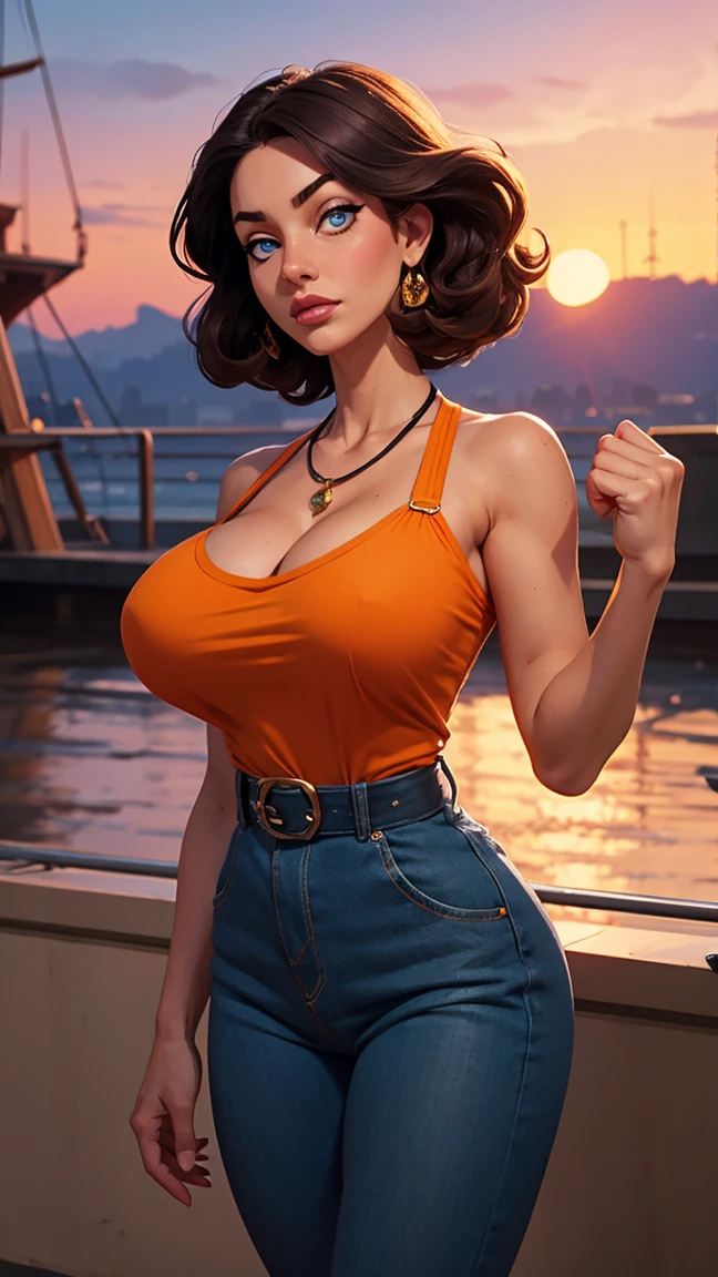 hyper largest_breastsout!! with the type of elons, , Waifu, work of art, curved, breastsout, random hair, random colors, full sunset, mitts, 1 girl, Jenna Jameson, neckleace, large breastsout, regatta, blue colored eyes, assessment:explicit,RULE 34, unconditional, ,,clenched hands, punching, natta, sky, overalls, pants, bared shoulders, clenched hand, assessment:questionable, shorth hair, waist belt, hair green, standing alone, Jumpy, orange, bite the lips(gigantic and huge breasts:1.1), breastsout, official illustration, illustration, face detailed, beautiful intricate eyes, curved milf, 1:2), close up, niplles
