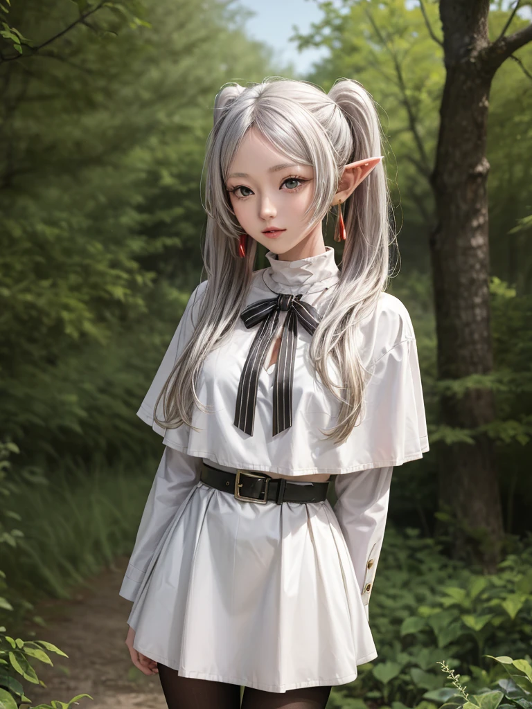 masterpiece, best quality, absurdres, 1girl, solo, FrierenBase, long hair, twintails, earrings, white capelet, striped shirt, horizontal stripes, long sleeves, belt, white skirt, gold-trim, black pantyhose, arms behind back, outdoors, forest, 