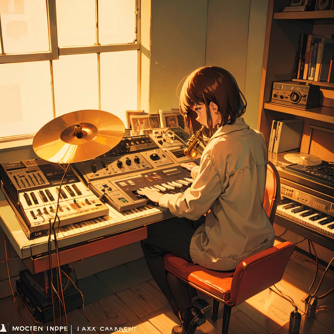 artist name: pkjy album title: LO-FI JAZZ HIPHOP MIXTAPE VOL.1 Mood and theme: lo-fi jazz hip hop, Comfortable and vintage feel Main image: MPC Sampler, ax(yes: saxophone, piano, etc.), vintage record color scheme: Warm and vintage colors(brown, beige, warm orange light)