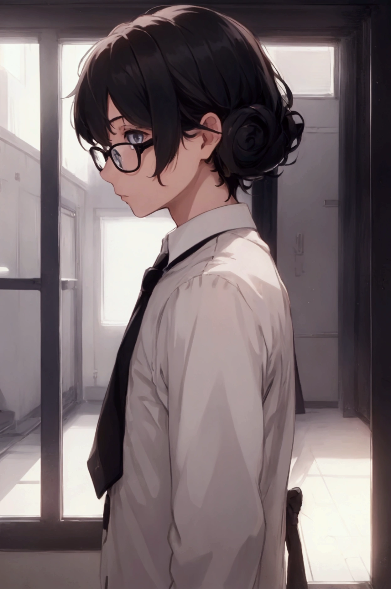 (1 boy), (), male, tie, holding a book, small book in hand, (holding small book), Thick black frame glasses, shy, black messy hair, bluish-grey eye color, wearing glasses, 4k, detailed, anime 4k, (Curly hair), from side, character focus, ((black light)),((dark lighting)), cinematic lighting ,(darkness), (concept art), high resolution,(incredibly absurdres) ,extremely detailed CG unity 8k wallpaper, ((masterpiece)), ((top-quality)), (beautiful illustration), ((an extremely delicate and beautiful)), (masterpiece, Best quality, ultra high resolution), Black hair, pale skin, ultra detailed eyes, Beautiful and detailed face, detailed eyes, (Centered, torso), (wide shot:0.9), facing the viewer, Eye level, ((male)), shy, blushing