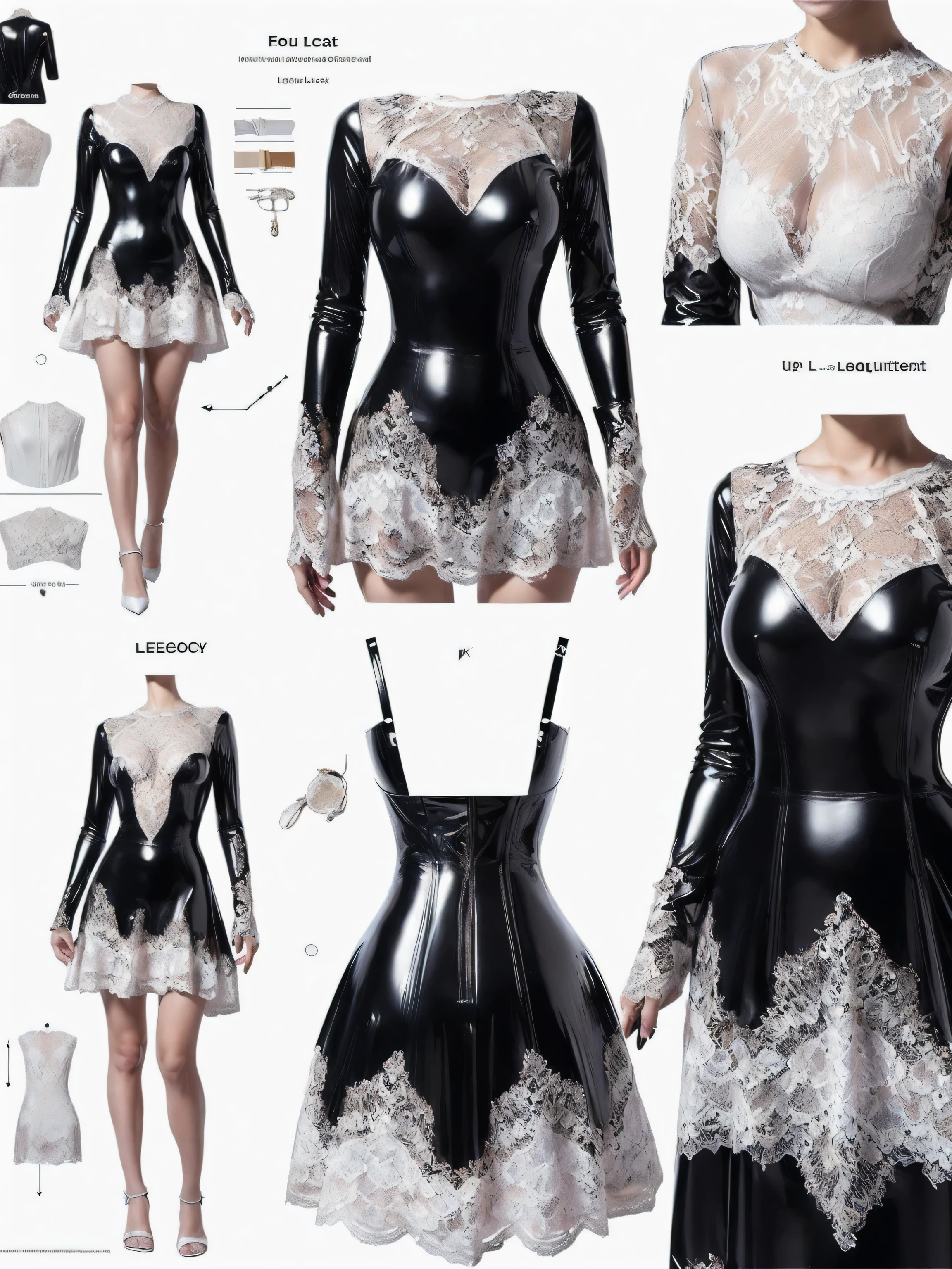 (Ultra realistic), ((photorealistic)), ((Sharp Focus)), ((highest resolution)), (the most absurd quality), (masterpiece), (Illustration), 32K, (Best Illustration), (Improvement of quality:1.4), ((Create Detailed Design Sheet)), (Front view, Side view, Diagonal view), (elegant style items, bundle of clothes, long dress), (((Create detailedof a woman's dress gallery:1.35))), (Diagonal view, (multi-pair dress((latex bodysuit laced)), ((Intricate detailed multi-layer bodysuit lace-upp)), (black latex:1.2), (white lacy:1.3))), (Front view, Side view, Diagonal view)), description card. best quality, masterpiece, Representative work, official art, Professional, Ultra intricate detailed, 8k