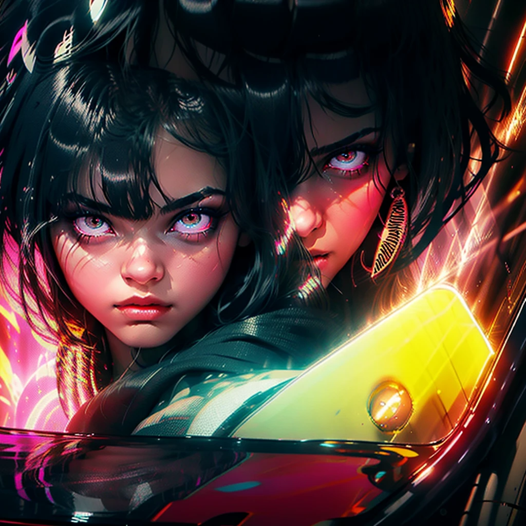 1girl, bangs, black hair, eye focus, face, glowing, glowing eyes, long hair, looking at viewer, red eyes, reflection, road sign, sign, spot color