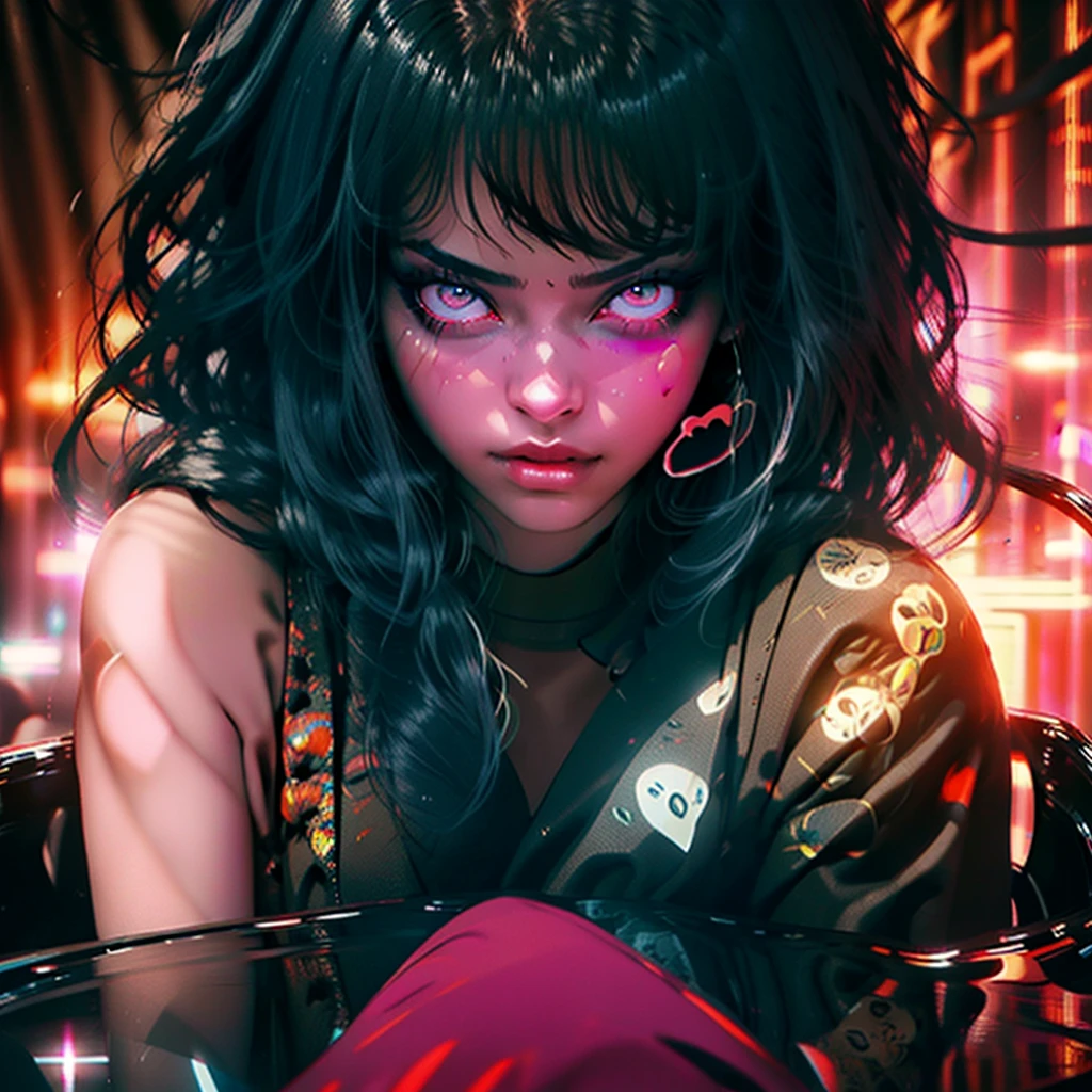 1girl, bangs, black hair, eye focus, face, glowing, glowing eyes, long hair, looking at viewer, red eyes, reflection, road sign, sign, spot color