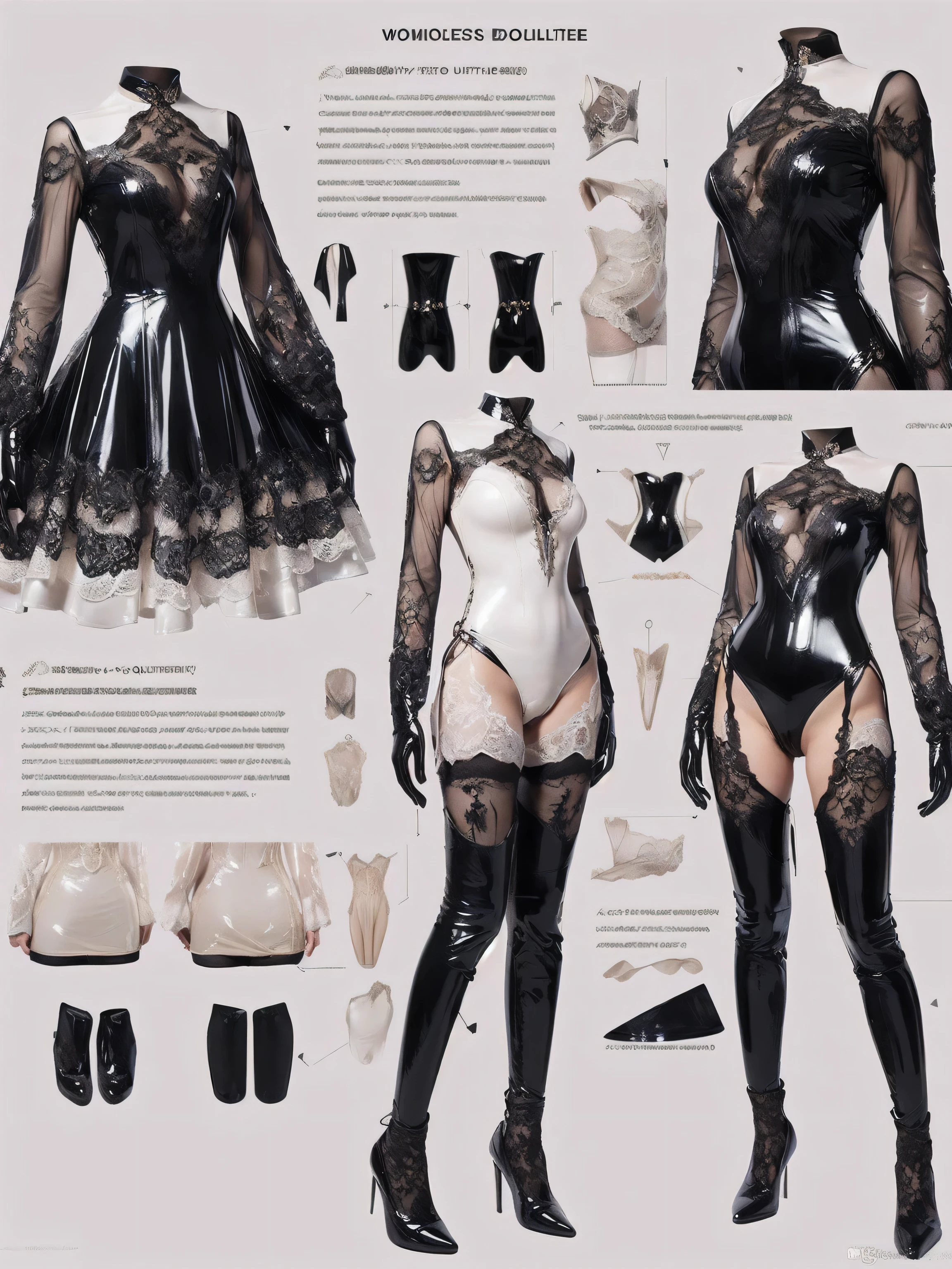 (Ultra realistic), ((photorealistic)), ((Sharp Focus)), ((highest resolution)), (the most absurd quality), (masterpiece), (Illustration), 32K, (Best Illustration), (Improvement of quality:1.4), ((Create Detailed Design Sheet)), (Front view, Side view, Diagonal view), (elegant style items, bundle of clothes, long dress), (((Create a detailed gallery of women's dresses) with an invisible body silhouette:1.4)), (Diagonal view, (multi-pair dress, in many colors ((latex bodysuit laced), Intricate detailed), ((Intricate detailed multi-layer bodysuit lace-upp)), (black latex), (white lacy))), description card. best quality, masterpiece, Representative work, official art, Professional, Ultra intricate detailed, 8k 