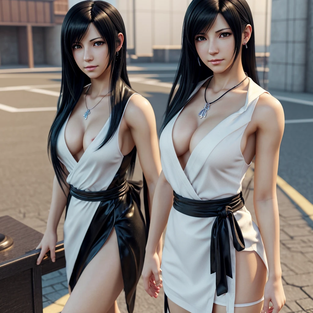 Final fantasy (tifa) Anime girl with black hair and a white ripped kimono dress holding her necklace, beautiful character painting, soft anime CG art, realistic anime art style, beautiful anime portrait, beautiful anime woman, photorealistic anime girl rendering, Makoto Shinkai and Artgerm, realistic 3D anime style, anime realism style, Anime Style Digital Art, Beautiful Anime Girl