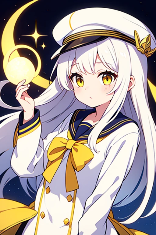 White cap with gold decoration、Long white hair、Yellow Eyes、Sailor&#50;White uniform