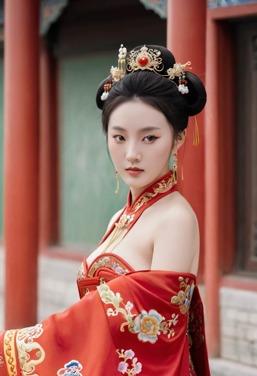 The background is a cobblestone street outside a Chinese palace in the Qing Dynasty. The empress at the Chinese court in the Qing Dynasty is wearing red Hanfu and looking from the front. Her big buttocks are covered with a naked loincloth that has been moved down to show off her big breasts. Her hair is adorned with a gorgeous Chinese empress's crown, and the back of her hair is tied up at the top.