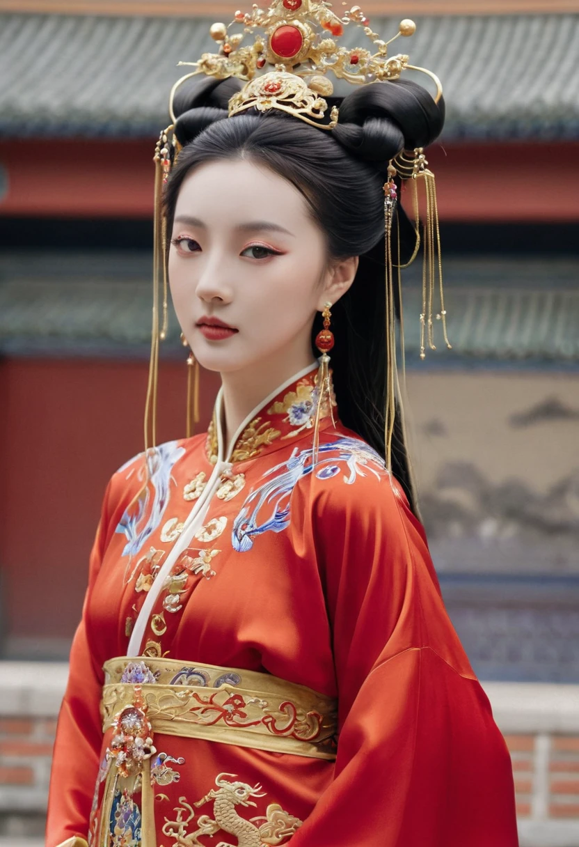 The background is a cobblestone street outside a Chinese palace in the Qing Dynasty. The empress at the Chinese court in the Qing Dynasty is wearing red Hanfu and looking from the front. Her big buttocks are covered with a naked loincloth that has been moved down to show off her big breasts. Her hair is adorned with a gorgeous Chinese empress's crown, and the back of her hair is tied up at the top.