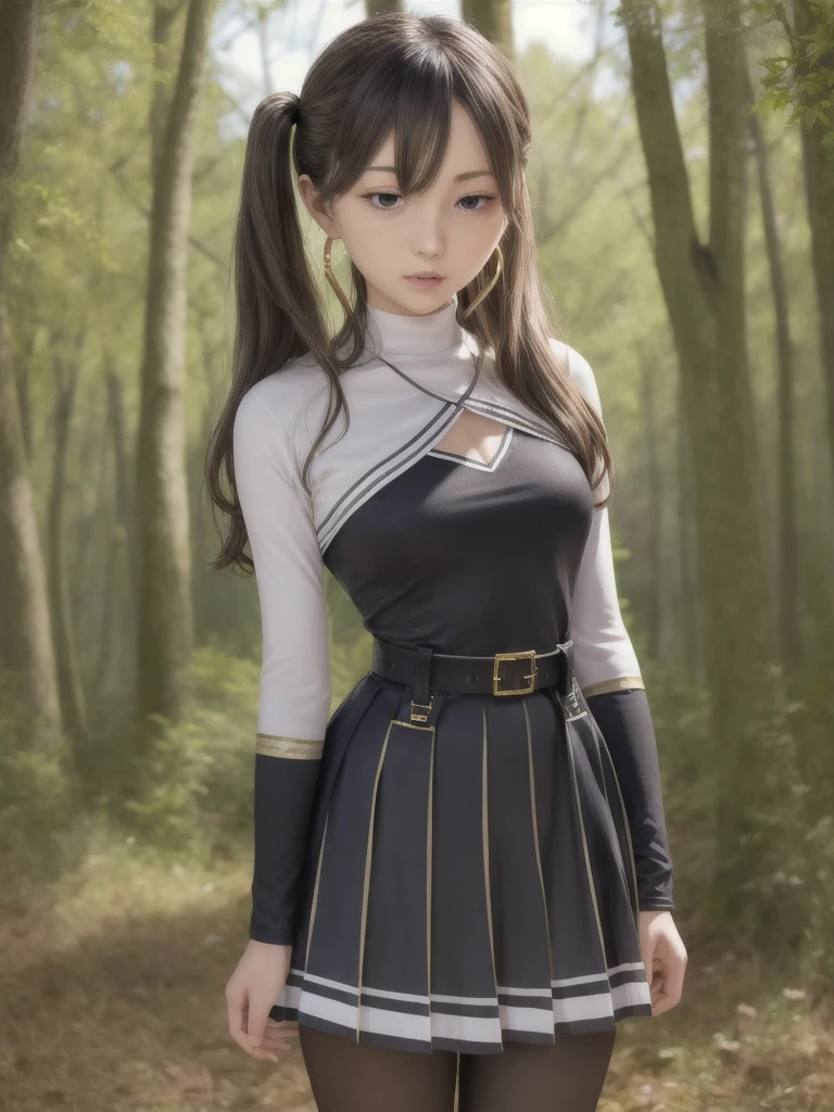 masterpiece, best quality, absurdres, 1girl, solo, FrierenBase, long hair, twintails, earrings, white capelet, striped shirt, horizontal stripes, long sleeves, belt, white skirt, gold-trim, black pantyhose, arms behind back, outdoors, forest, 