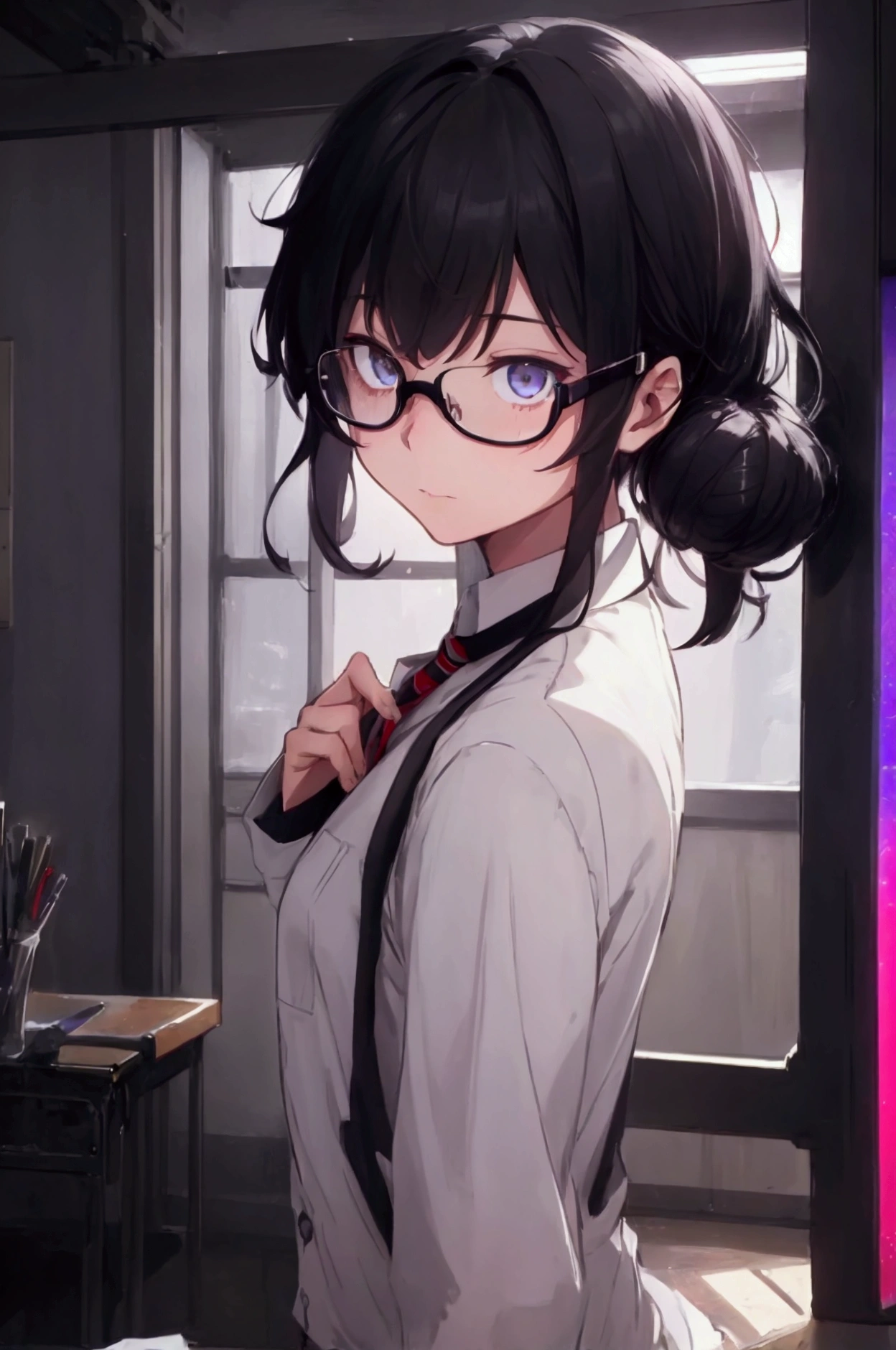 (1 boy), (), male, tie, holding a book, small book in hand, (holding small book), Thick black frame glasses, shy, black messy hair, bluish-grey eye color, wearing glasses, 4k, detailed, anime 4k, (Curly hair), from side, character focus, ((black light)),((dark lighting)), cinematic lighting ,(darkness), (concept art), high resolution,(incredibly absurdres) ,extremely detailed CG unity 8k wallpaper, ((masterpiece)), ((top-quality)), (beautiful illustration), ((an extremely delicate and beautiful)), (masterpiece, Best quality, ultra high resolution), Black hair, pale skin, ultra detailed eyes, Beautiful and detailed face, detailed eyes, (Centered, torso), (wide shot:0.9), facing the viewer, Eye level, ((male)), shy, blushing
