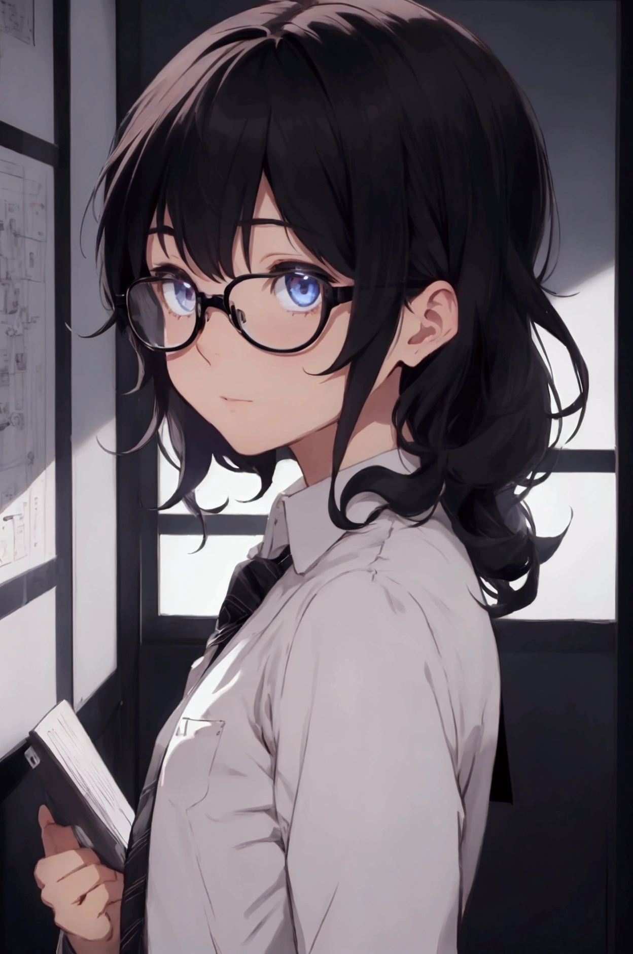 (1 boy), (school boy), male, tie, holding a book, small book in hand, (holding small book), Thick black frame glasses, shy, black messy hair, bluish-grey eye color, wearing glasses, 4k, detailed, anime 4k, (Curly hair), from side, character focus, ((black light)),((dark lighting)), cinematic lighting ,(darkness), (concept art), high resolution,(incredibly absurdres) ,extremely detailed CG unity 8k wallpaper, ((masterpiece)), ((top-quality)), (beautiful illustration), ((an extremely delicate and beautiful)), (masterpiece, Best quality, ultra high resolution), Black hair, pale skin, ultra detailed eyes, Beautiful and detailed face, detailed eyes, (Centered, torso), (wide shot:0.9), facing the viewer, Eye level, ((male)), shy, blushing
