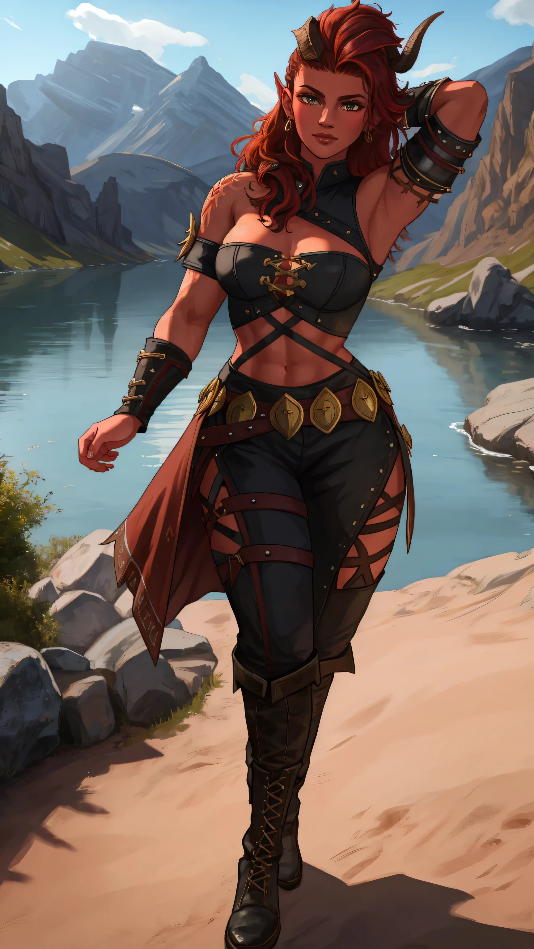 ((full body)), (full shot),knees ,far shot,boots on feet((river, lake ))river lake,wind blowing her hair, (outside, treese,cyty sreet) full body , full shot ,1female Tiefling with red skin, Karlach from Baldursgate, orange eyes,piercings on face, great skin texture, great eyes, muscle body, one brocken horn at head, wears black leather barbarian clothes, great details, ultra quality, wallpaper, dynamic light, (dynamic pose), wears pants, great face, great skin texture, masterpiece, trending on artstation, detailes clothes, great details, inside of a tent as background, great face, good wallpaper, lovely and romantic setting, great detailed textures, soft face expression, close up, great horns, lovely,hands on pelvis big , girl face
