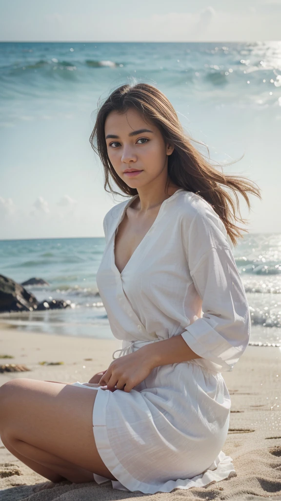 Create a serene close-up portrait of a young woman (look forward on a beach). She is wearing a loose-fitting white blouse, paired with a windy upskirt. (Her eyes are looking viewer), and she has a peaceful expression on her face, enjoying the moment. The background features gentle waves crashing onto the shore sky, creating a tranquil and calming atmosphere. The overall mood of the image is reflective and serene, capturing the essence of relaxation and peace by the sea.