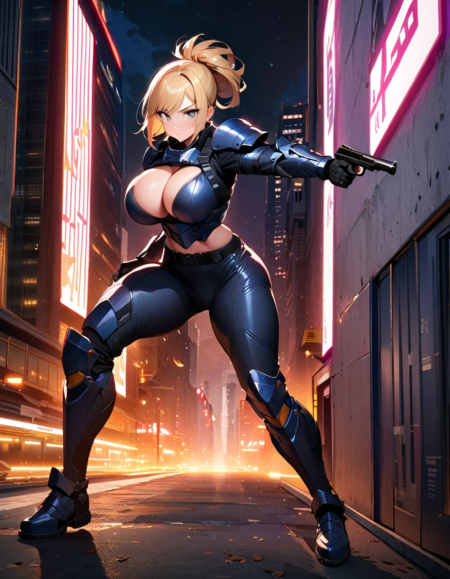 dramatic, gritty, intense, anime character, dynamic fighting pose, 1girl, solo, solo focus, (blonde hair, tied up hairstyle), (wearing black tactical gloves), (wearing tactical seat armor, armored gauntlets, armored tactical boots, tactical boots), (wearing tight tactical pants), (wearing tactical safety glasses), ( big buttocks:1.5) modern art, hair covering eyes, (aiming knife at viewer), skyscraper, office,beautiful face, beautiful eyes, (grey eyes), vibrant colors, day, highest quality digital art, Stunning art, wallpaper 4k, 8k, 19 years old, (large breasts:1.4), triple D cup breasts, round buttocks, cleavage, bubbly buttocks, wide hips, bubbly ass, fit and strong, slender body, HD, unparalleled masterpiece, best quality, full body, dynamic lighting, cinematic, epic, cowboy shot, full body with costume.