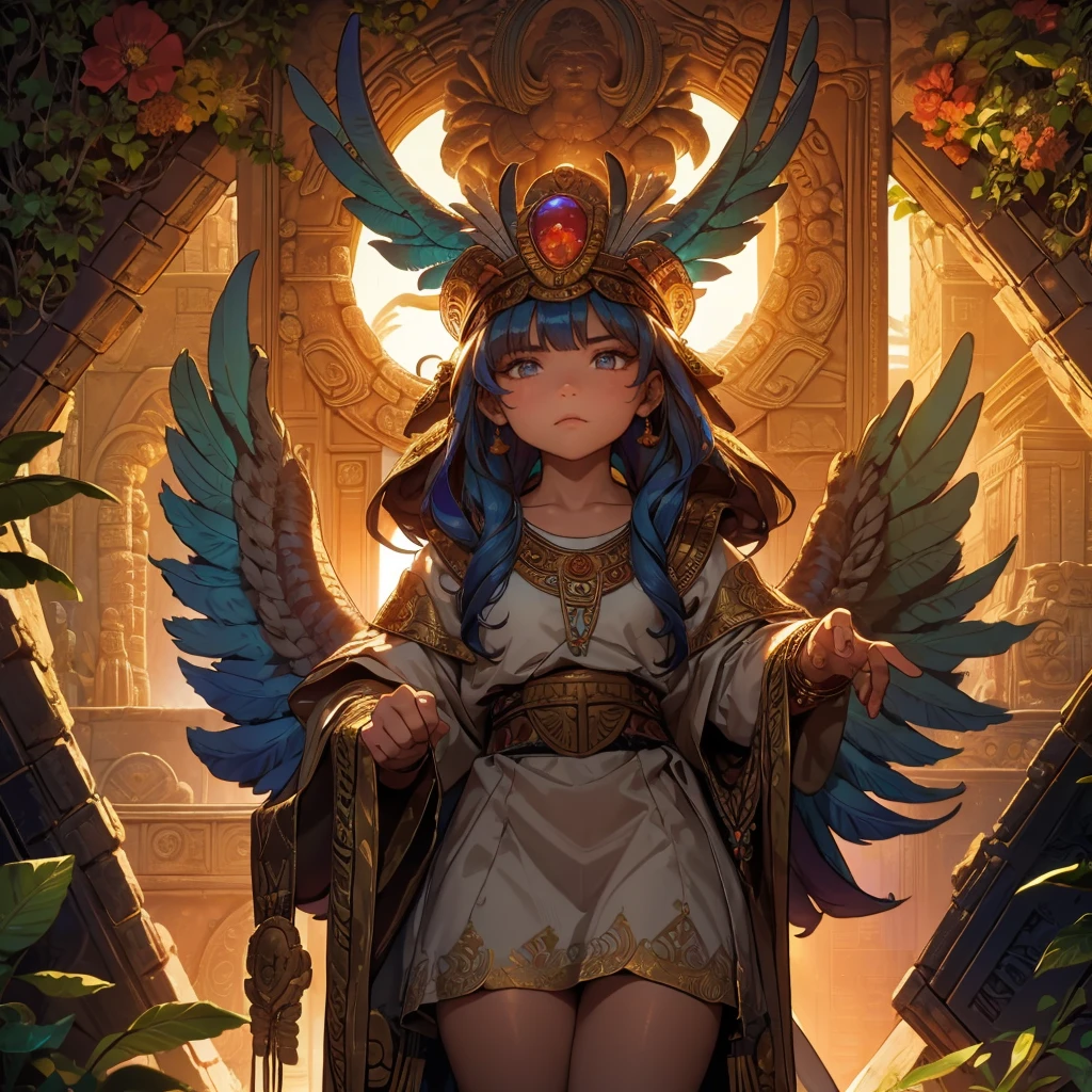 Childish, high quality、Very detailed、8Year、Mayan Aztec young priestess、Flying Feathered Serpent(Quetzalcoatl Kukulkan)Looking up at the sky and offering prayers、Chichen Itza Temple of the Sun in the Forest、mysterious、