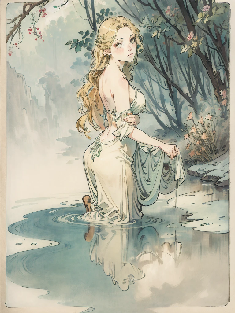 SFW,tabletop, best qualityer, high resolution, 1 girl in, whole body, detaileds , detail of hands, detail fingers, face detail, Legs detail, 1 girl in, Leprechaun, looking to the down, flowers garden, black sky, atmospheric pollution, water color painting, pale skin, , hair blonde, long hair, Wavy hair, saddened, sad smile, greeneyes, tareme, medium breasts, white summer dress, bare back, Kneeling, tree planting