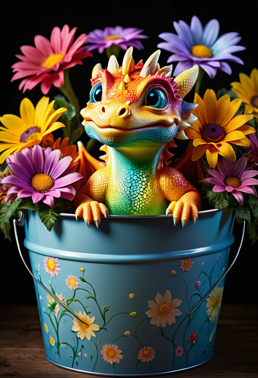 photoillustration of under exposure, a cute  dragon in a bucket surrounded by multi color flowers, psychedelic, seamless, light up eyes, texture and pattern, transparency effect, iconic poping stance, dramatic shadows, dramatic lights, interlacing elements, front view, fantasy art, two tones, digital manipulated photo art, hyper-realistic, ultra-detailed, crisp clarity, high-contrast, luminous ambiance, rich textures, intricate patterns, vivid colors, cinematic lighting, photo realistic, accurate anatomical proportions, light background, blurred edges, slow shutter speed motion photography, shot on FufjiFilm XT4 camera f/2. ISO 200