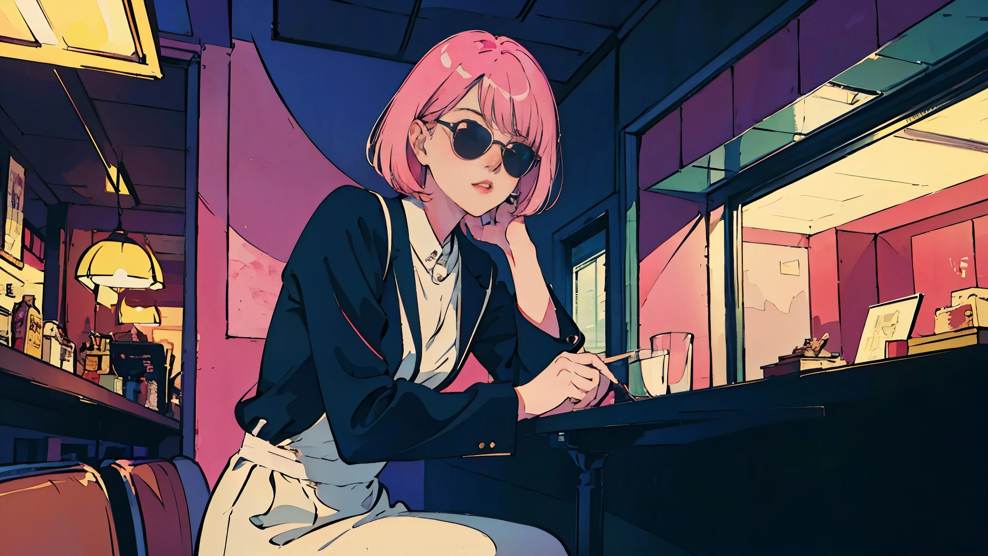 beautiful asian girl with pink hair sitting in a diner at night, seen through a window, perfect face, sunglasses, smoking a white tailor made cigarette, NeonNoir, (backlit: 1.1), hard shadow, masterpiece, best quality, Intricate, modelshoot style, vintage, film grain, Incomplete details drive