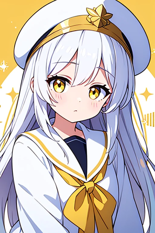 White cap with gold decoration、Long white hair、Yellow Eyes、Sailor2White uniform