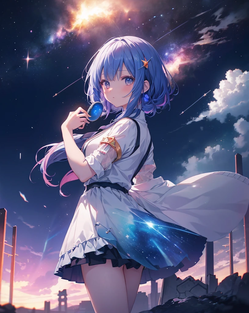 anime nekogirl looking at a shooting star above the clouds, highly detailed raw color photo, dynamic pose, (cosmic: 1.4), (necropolis: 1.1), (science fiction setting), chromatic aberration, depth of field, soft lighting, masterpiece, best quality, intricate, (lens reflection: 0.7), (flowering: 0.7), particle effects, ray tracing. She's holding a plush.she has tremendous power.