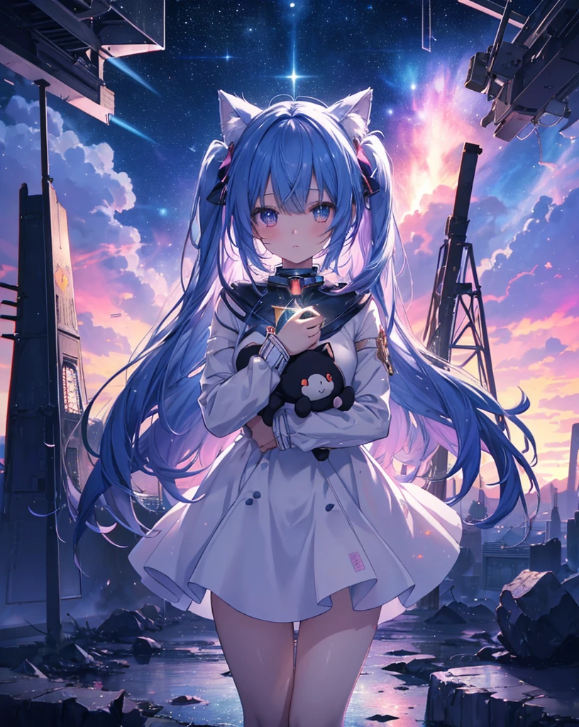 anime nekogirl looking at a shooting star above the clouds, highly detailed raw color photo, dynamic pose, (cosmic: 1.4), (necropolis: 1.1), (science fiction setting), chromatic aberration, depth of field, soft lighting, masterpiece, best quality, intricate, (lens reflection: 0.7), (flowering: 0.7), particle effects, ray tracing. She's holding a plush.she has tremendous power.