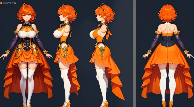 (Masterpiece), (Best quality: 1.2), absurd and intricate details (Highly detailed skin: 1.2), ((big breasts))1 girl, very short curly orange hair, orange eyes, long-sleeved dress with straps, short skirt, white stockings, smile, sexy pose, ((full body standing, white background, character sheet))