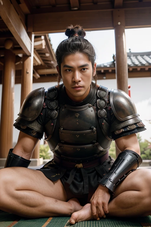 Samurai armor, Japanese handsome guy, Gay lover, kissing a bulky male, Samurai costume, top-knot hairstyle, park sharp eyes, lying down with his legs spread wide open, Full Frame, Professional Lighting, Japanese temple background.