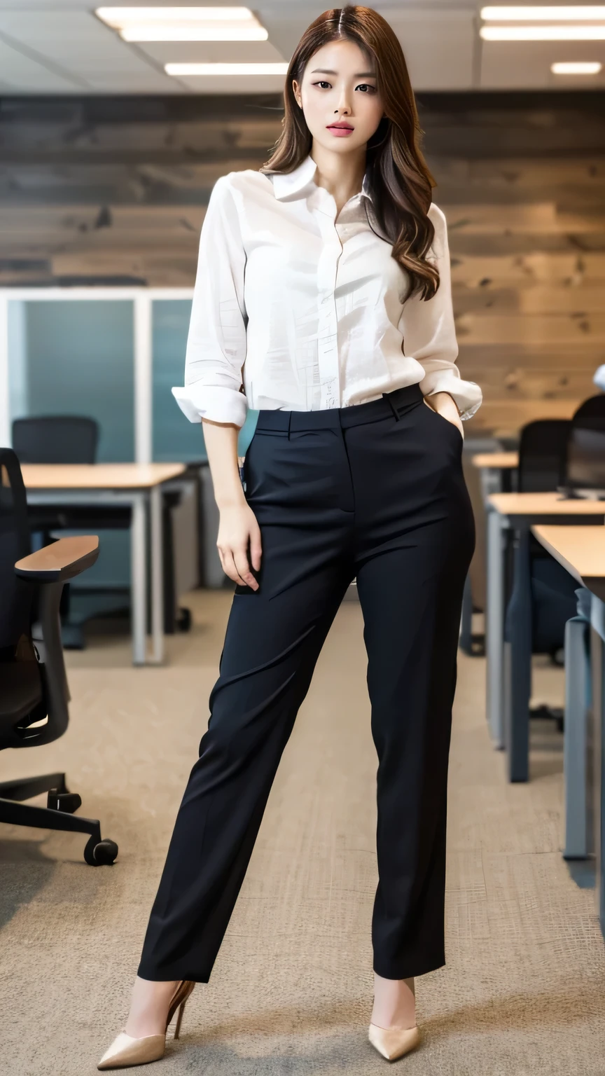 (Tabletop,high quality,16K:1.1),(Depth of written boundary:1.3) ,((Front body:1.35))smile、Beautiful teeth alignment、Office Lady Suits、Pants Style、(Full Body Shot:1.2),,The background is the office
