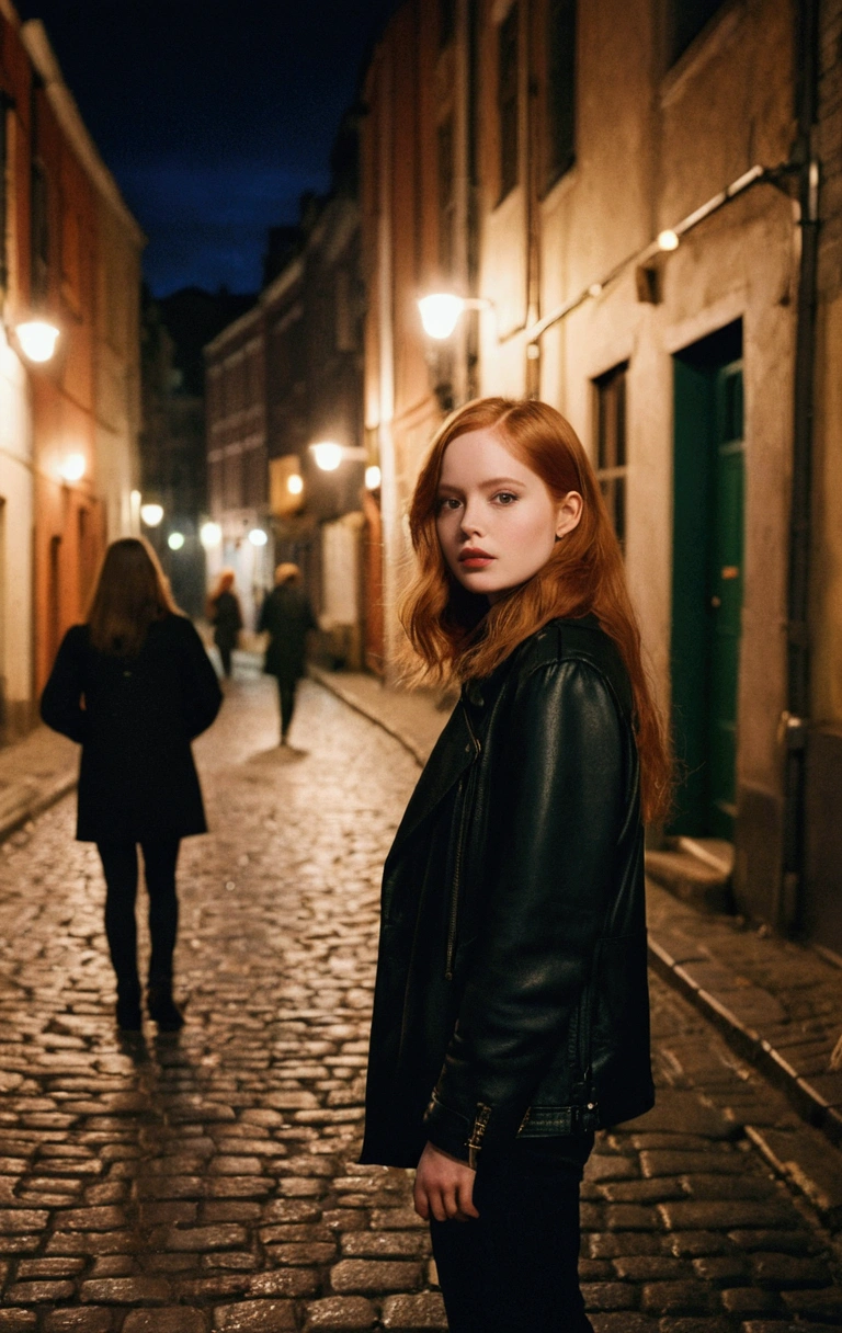Raw photo, Agfa color film 4 0 0, a woman who looks like Ellie Bamber, beautiful features, indie rock style, walking on a cobblestone street at night, Gothic city streets behind her, standing on a city street, standing in an alley escuro, wandering in the city, on a street at night, standing in the streets, young infp, standing in an alley, watching the night streets, infp girl, standing on the street, by Emma Andijewska