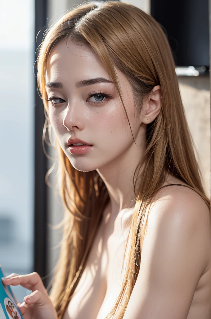 Beautiful and attractive woman in fashion trends, ,(Highest quality realistic textured skins:1.4), Beautiful Eyes, Detailed face,, Nose and mouth,Face Focus, Super Face close-up gentle and charming Chinese beautiful woman, Delicate and sexy collarbone, Attractive oval face, double eyelid, Pink Lips, Small Nose, Exposing shoulders, Focus on the face, Face close-up, Ultra-high resolution, Very detailed, Full body photo, Ultra-thin and transparent, Fresh and delicious,Cinema Lighting,Rim Light,((Completely naked)),(((Browsing Caution))),(((Eyelids closing))),(((Close ~ eyes))),((Blonde Hair Color)),((((Thin eyebrows))))White teeth,