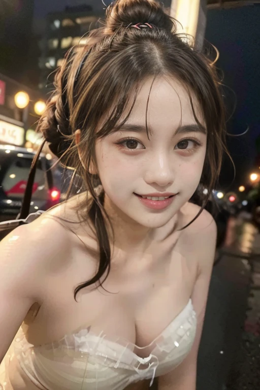 (((best quality))),(((ultra detailed))),(((masterpiece))),illustration,1girl,bun hair,(strapless see through gauze Korean bra:1.3),collar,slim,flat chest,laughing, summer night,Korean city scape, street, neon signs, beautiful, vibrant, detailed facial features,medium hair, elegance, cultural atmosphere, bustling city,tall buildings full of colorful advertisements, reflections, lively atmosphere, street food aroma,(close-up of face:1.3)