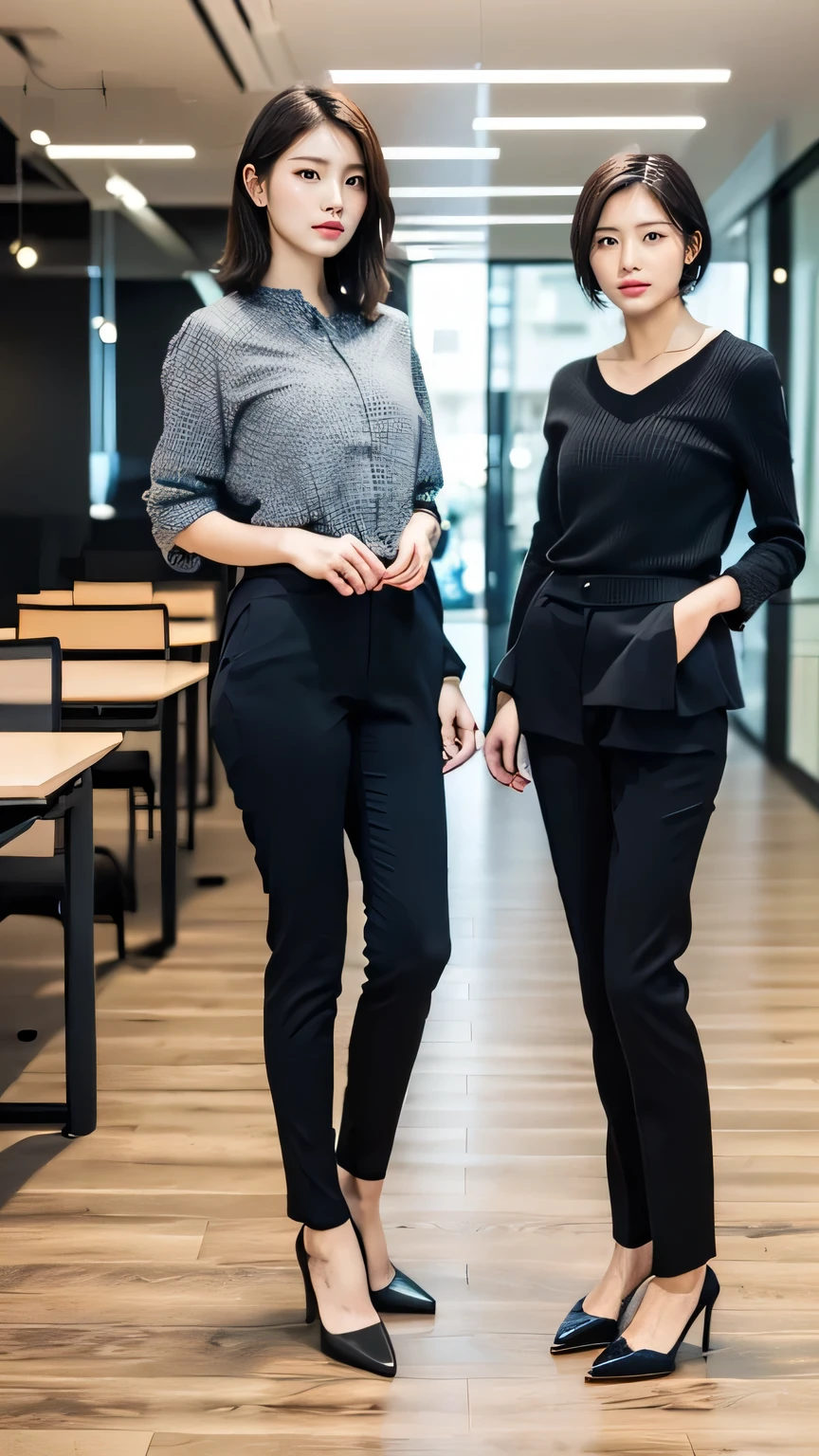 (Tabletop,high quality,16K:1.1),(Depth of written boundary:1.3) ,((Front body:1.35))Two women standing side by side、smile、Beautiful teeth alignment、Short Haircut、Black Hair、Office Lady Suits、Pants Style、(Full Body Shot:1.2),,The background is the office
