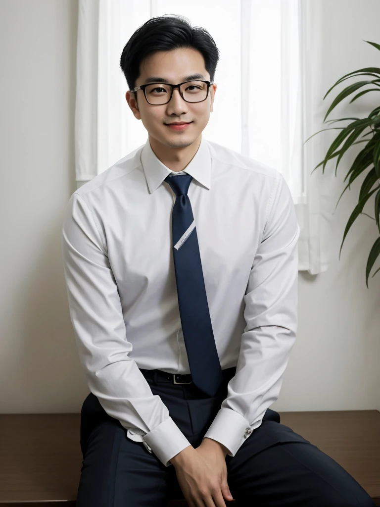 (protrait photo)asian man, 30 years old, project Manager。wear glasses,He is wearing a dark suit, Pair with a white shirt and dark tie。His hair is neat, Face clean and clean, round face,short hair,Eyes reveal wisdom and confidence。He smiles and looks at the camera, Convey a professional and capable temperament, Ultra high quality, masterpiece, textured skin, high quality, high resolution, best quality, high detail,Half-length photo,whole body, sitting