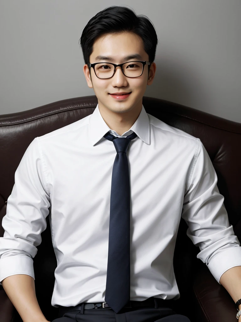 （protrait photo）asian man, 30 years old, project Manager。wear glasses，He is wearing a dark suit, Pair with a white shirt and dark tie。His hair is neat, Face clean and clean, round face，short hair，Eyes reveal wisdom and confidence。He smiles and looks at the camera, Convey a professional and capable temperament, Ultra high quality, masterpiece, textured skin, high quality, high resolution, best quality, high detail，Half-length photo，whole body, sitting