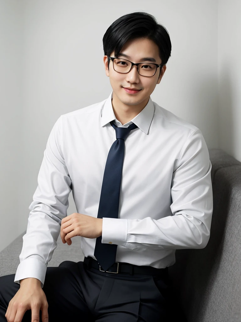 (protrait photo)asian man, 30 years old, project Manager。wear glasses,He is wearing a dark suit, Pair with a white shirt and dark tie。His hair is neat, Face clean and clean, round face,short hair,Eyes reveal wisdom and confidence。He smiles and looks at the camera, Convey a professional and capable temperament, Ultra high quality, masterpiece, textured skin, high quality, high resolution, best quality, high detail,Half-length photo,whole body, sitting