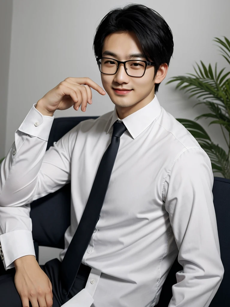 (protrait photo)asian man, 30 years old, project Manager。wear glasses,He is wearing a dark suit, Pair with a white shirt and dark tie。His hair is neat, Face clean and clean, round face,short hair,Eyes reveal wisdom and confidence。He smiles and looks at the camera, Convey a professional and capable temperament, Ultra high quality, masterpiece, textured skin, high quality, high resolution, best quality, high detail,Half-length photo,whole body, sitting