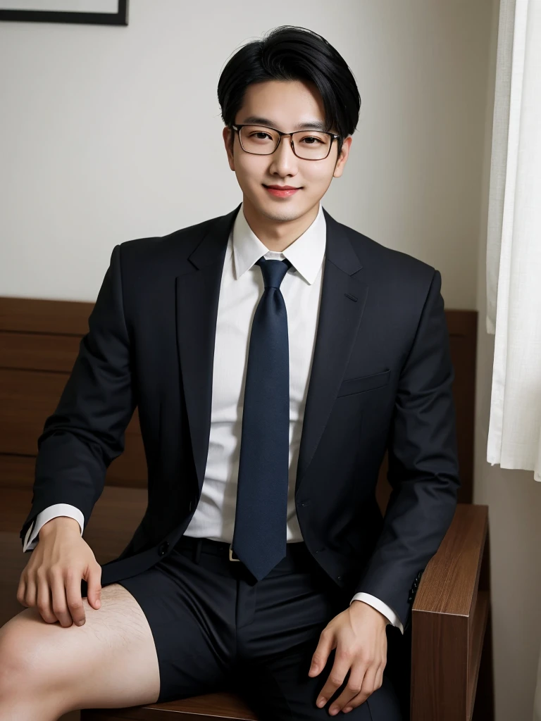 （protrait photo）asian man, 30 years old, project Manager。wear glasses，He is wearing a dark suit, Pair with a white shirt and dark tie。His hair is neat, Face clean and clean, round face，short hair，Eyes reveal wisdom and confidence。He smiles and looks at the camera, Convey a professional and capable temperament, Ultra high quality, masterpiece, textured skin, high quality, high resolution, best quality, high detail，Half-length photo，whole body, sitting