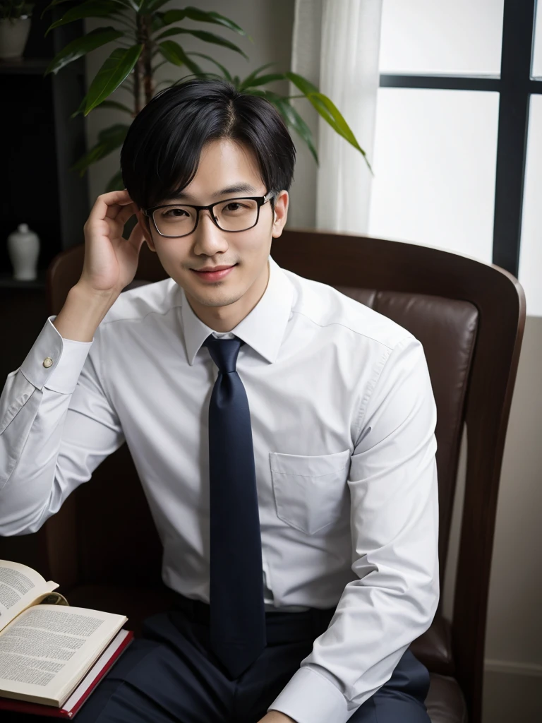 (protrait photo)asian man, 30 years old, project Manager。wear glasses,He is wearing a dark suit, Pair with a white shirt and dark tie。His hair is neat, Face clean and clean, round face,short hair,Eyes reveal wisdom and confidence。He smiles and looks at the camera, Convey a professional and capable temperament, Ultra high quality, masterpiece, textured skin, high quality, high resolution, best quality, high detail,Half-length photo,whole body, sitting