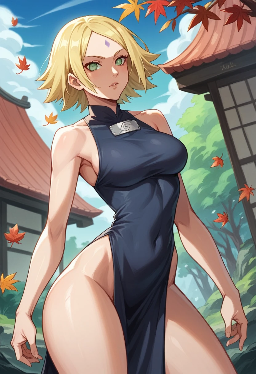 1 girl, alone , 19 years ,short blonde hair , on forehead ,green eyes , beautiful, light skin color , wide shoulders, thin waist, medium breasts, defined thighs, thin, defined lean ,wide hips, medium ass, uzumaki clan, naruto shippuden style, Leaf village, black outfit, tribe uzumaki