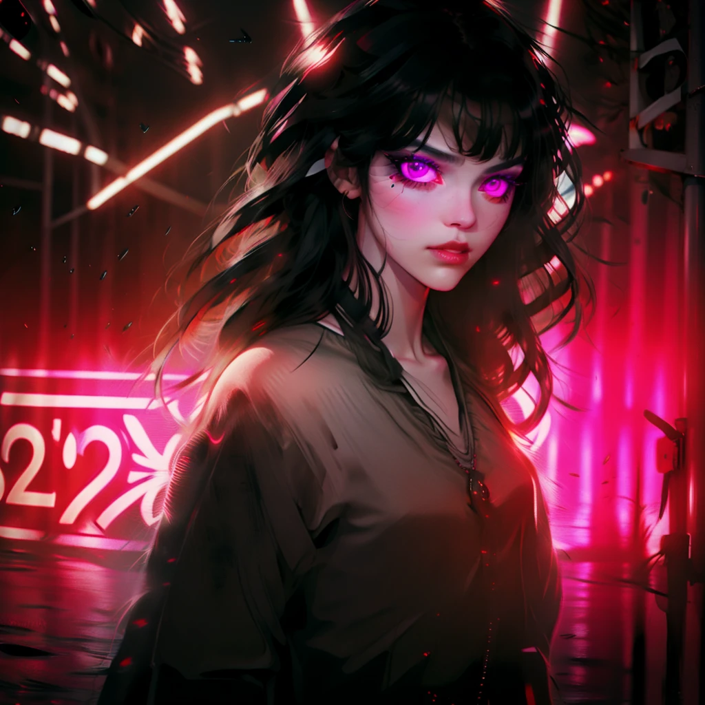 1girl, bangs, black hair, eye focus, face, glowing, glowing eyes, long hair, looking at viewer, red eyes, reflection, road sign, sign, spot color