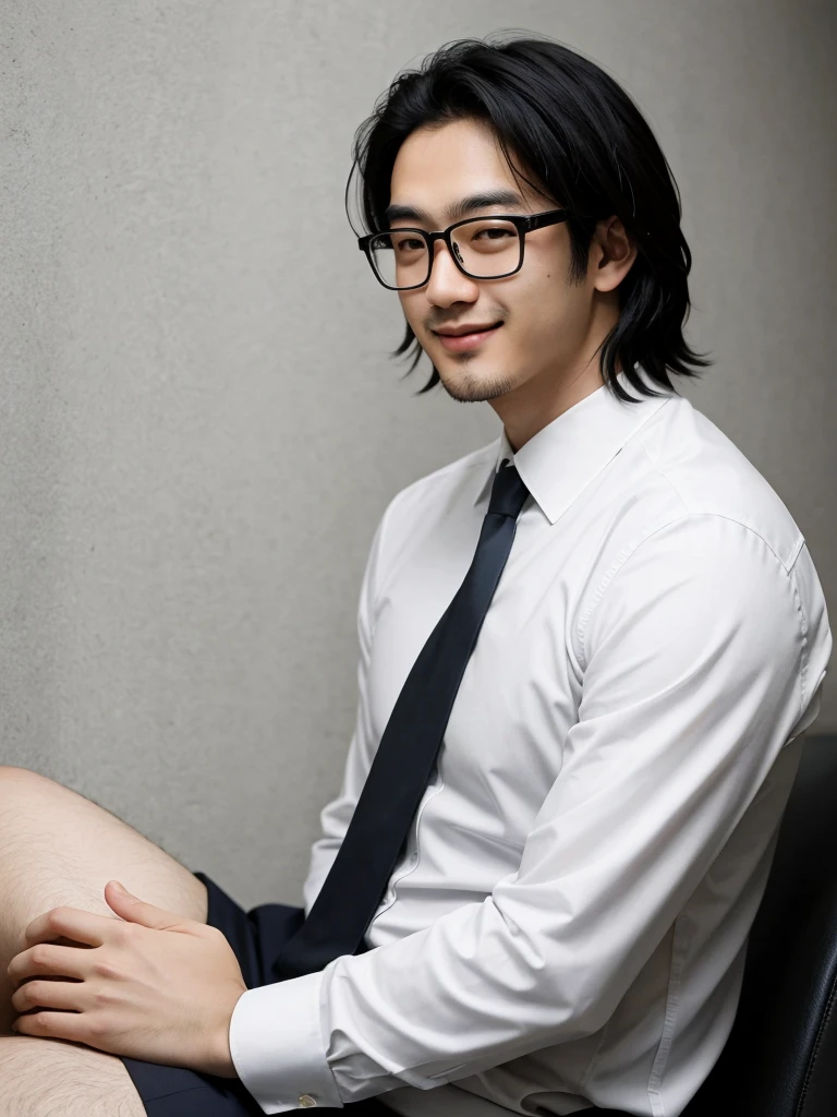 （protrait photo）asian man, 30 years old, project Manager。wear glasses，He is wearing a dark suit, Pair with a white shirt and dark tie。His hair is neat, Face clean and clean, round face，short hair，Eyes reveal wisdom and confidence。He smiles and looks at the camera, Convey a professional and capable temperament, Ultra high quality, masterpiece, textured skin, high quality, high resolution, best quality, high detail，Half-length photo，whole body, sitting, lifted arms, spread legs