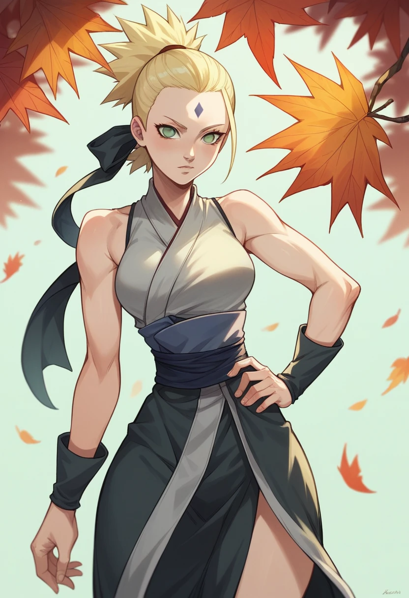 1 girl, alone , 19 years ,short blonde hair , tied hair, on forehead ,green eyes , beautiful, light skin color , wide shoulders, thin waist, medium breasts, defined thighs, thin, defined lean ,wide hips, medium ass, uzumaki clan, naruto shippuden style, Leaf village, black outfit, tribe uzumaki
