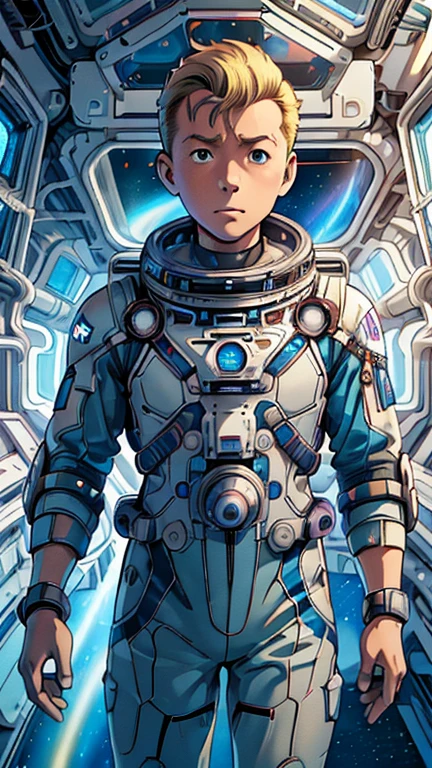 (1man, Tintin,1boy), (extremely detailed CG unit 8k wallpaper),(master part), (best quality), (ultra detail), (best illustration),(ArtNouveauAI), cowboy shot,(Sharp eyeliner, ombre, detailed eyes:1),Outer Space Station interiors background,break,(astronaut in a space suit),upper body,short hair,blonde hair, 