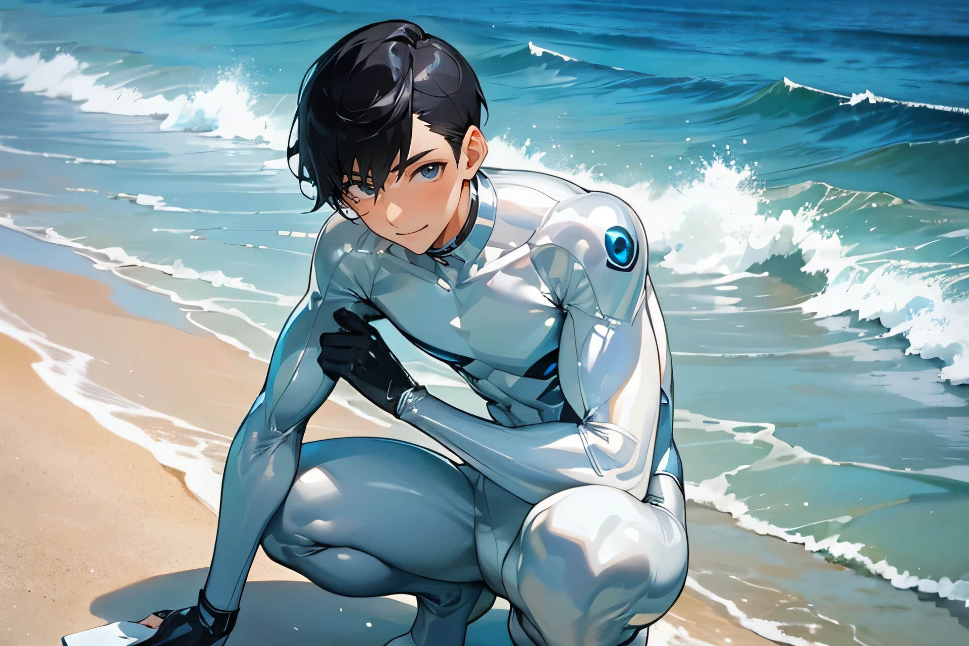 Handsome Japanese male models Black Hair Short cut Shaved head Slim figure smile looking at the camera soaked Ocean Shiny white and silver suit Shiny silver latex suit Compression Suit Mega Bulge Bright blue sky up dynamic pose クローズup Upper Body Get down on one knee squat