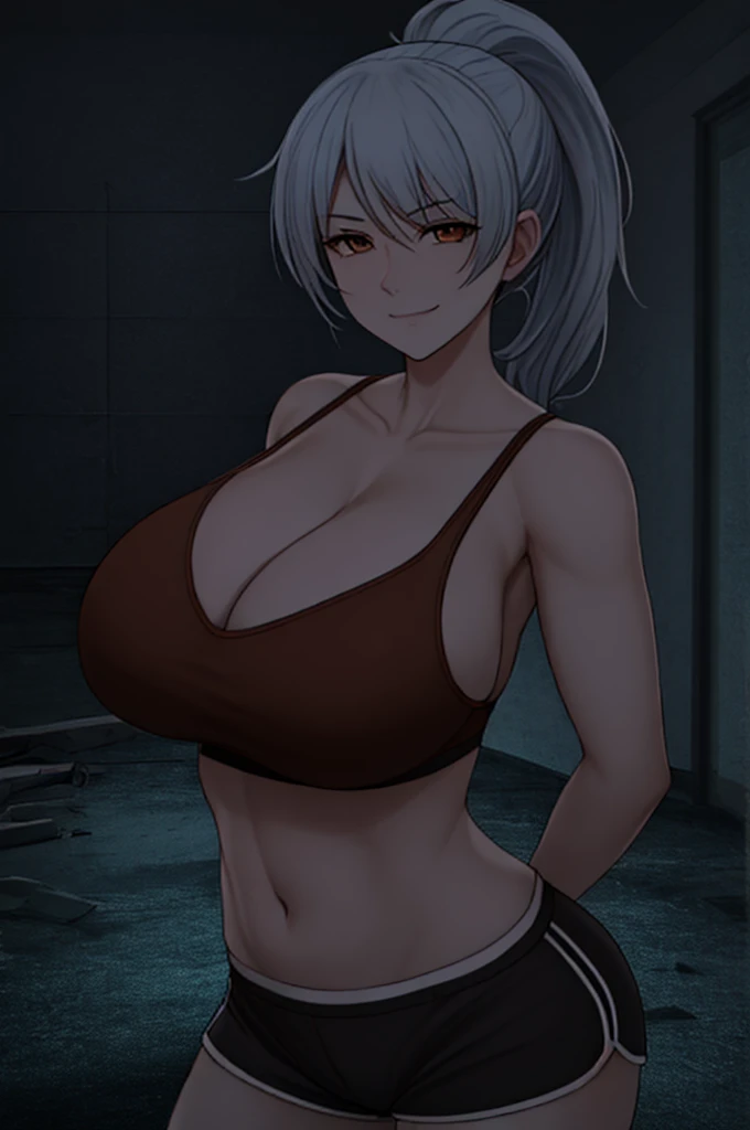 (((light blue ponytail))), massive , cleavag, athletic, slutty, slut, whore, mature, sports horts, (dark abandoned room), dim, no lighting, night, brown eyes, (arms behind back), smirk