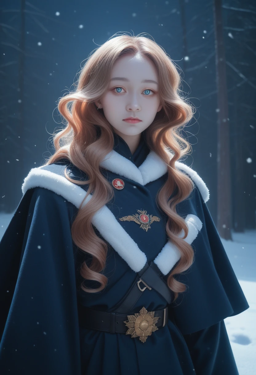 Realistic, High resolution, Soft Light,1 Female,Big pretty eyes, alone, Hip Up, Glowing Skin, (Detailed face),tattoo, jewelry, Winter Hanfu, Cape, snow, night, White Wavy Hair, Beautiful soldier, Eyes that beckon the viewer, Lover's point of view, Attractive expression, Sexy smile, Perfect Style, Perfect balance, Detailed skin, Mischievous Gaze, I can see your chest