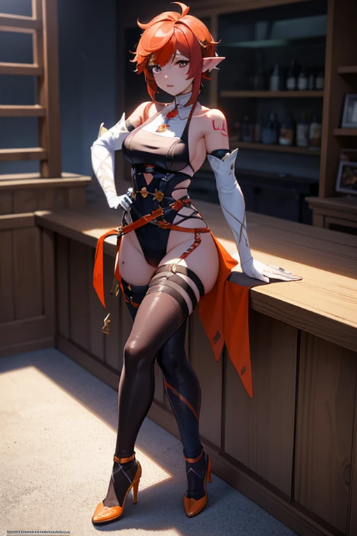 Masterpiece artwork, best qualityer, detailded, kinematics, 4K, a halfling beautiful halfling woman, short stature with short legs, wearing leather and fur coat with tattoos, showing orange mohawk hair down to the feet